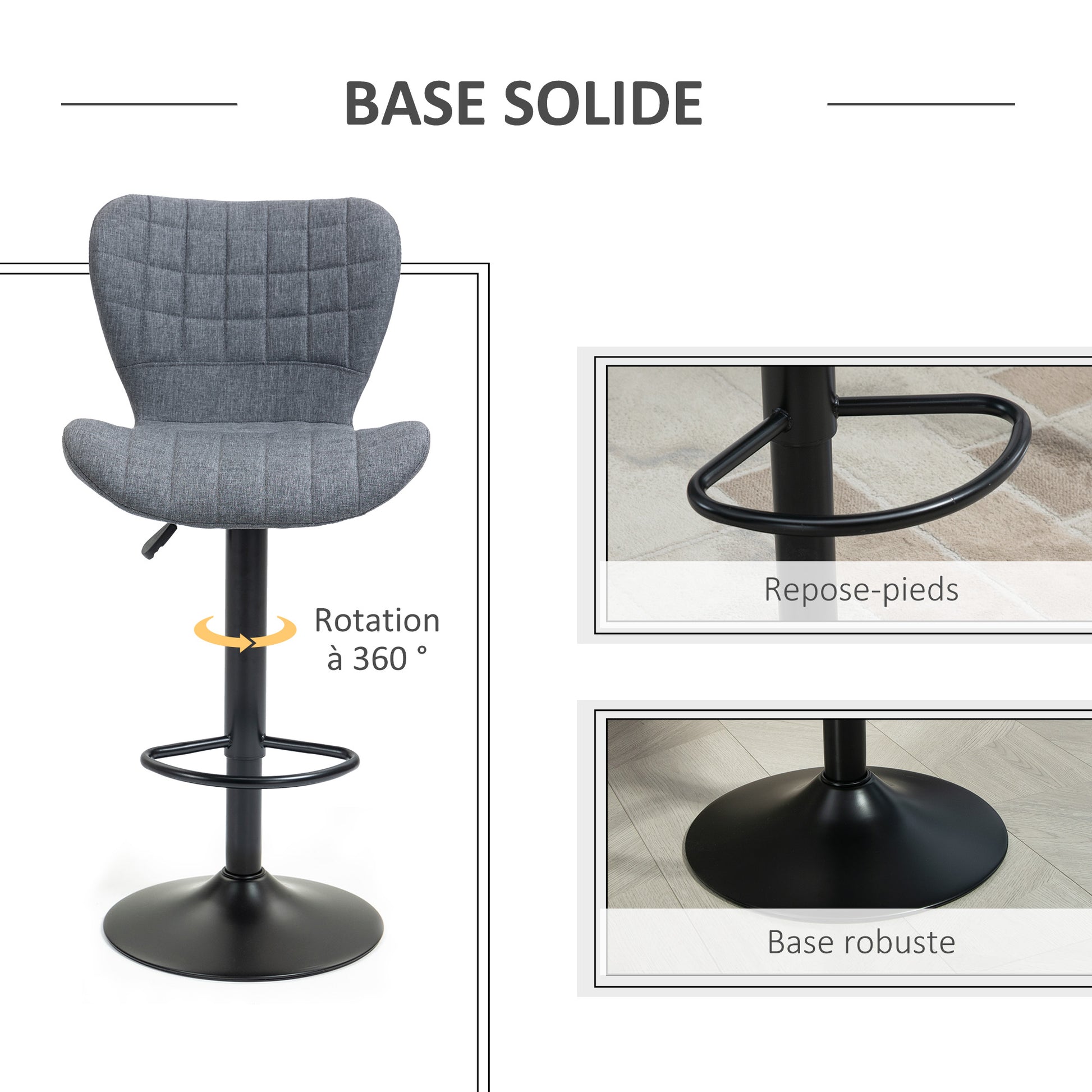 Set of 2 Bar Stools Design Curved Buttoned Backrest Adjustable Seat Height 61-81 cm 360° Swivel Velvet Footrest Gray