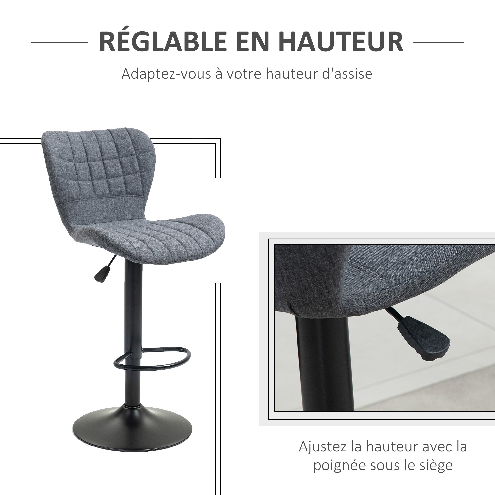 Set of 2 Bar Stools Design Curved Buttoned Backrest Adjustable Seat Height 61-81 cm 360° Swivel Velvet Footrest Gray