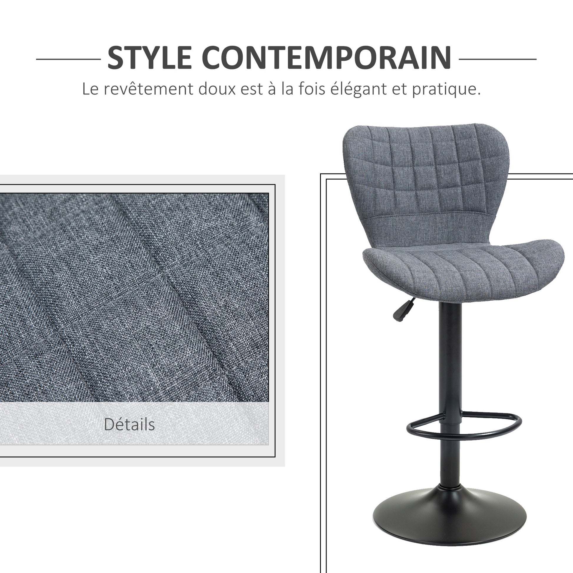 Set of 2 Bar Stools Design Curved Buttoned Backrest Adjustable Seat Height 61-81 cm 360° Swivel Velvet Footrest Gray