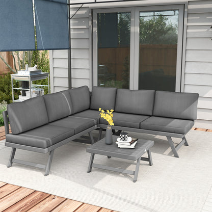 Outdoor Corner Garden Set, Convertible 4 Pieces with 2 Benches, 1 Corner Armchair, 1 Coffee Table, Aluminum and Steel Garden Furniture for Balcony Terrace, Gray