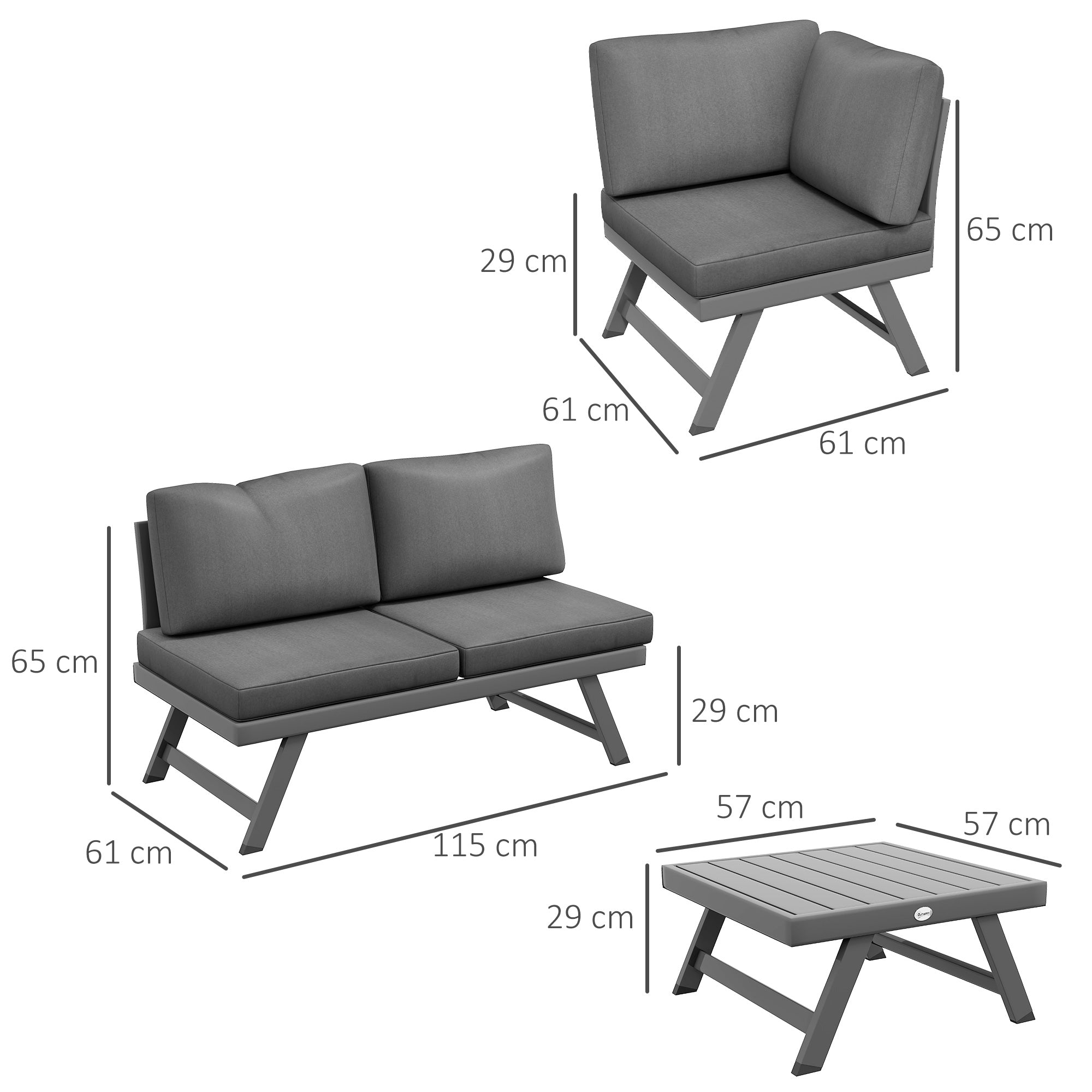 Outdoor Corner Garden Set, Convertible 4 Pieces with 2 Benches, 1 Corner Armchair, 1 Coffee Table, Aluminum and Steel Garden Furniture for Balcony Terrace, Gray