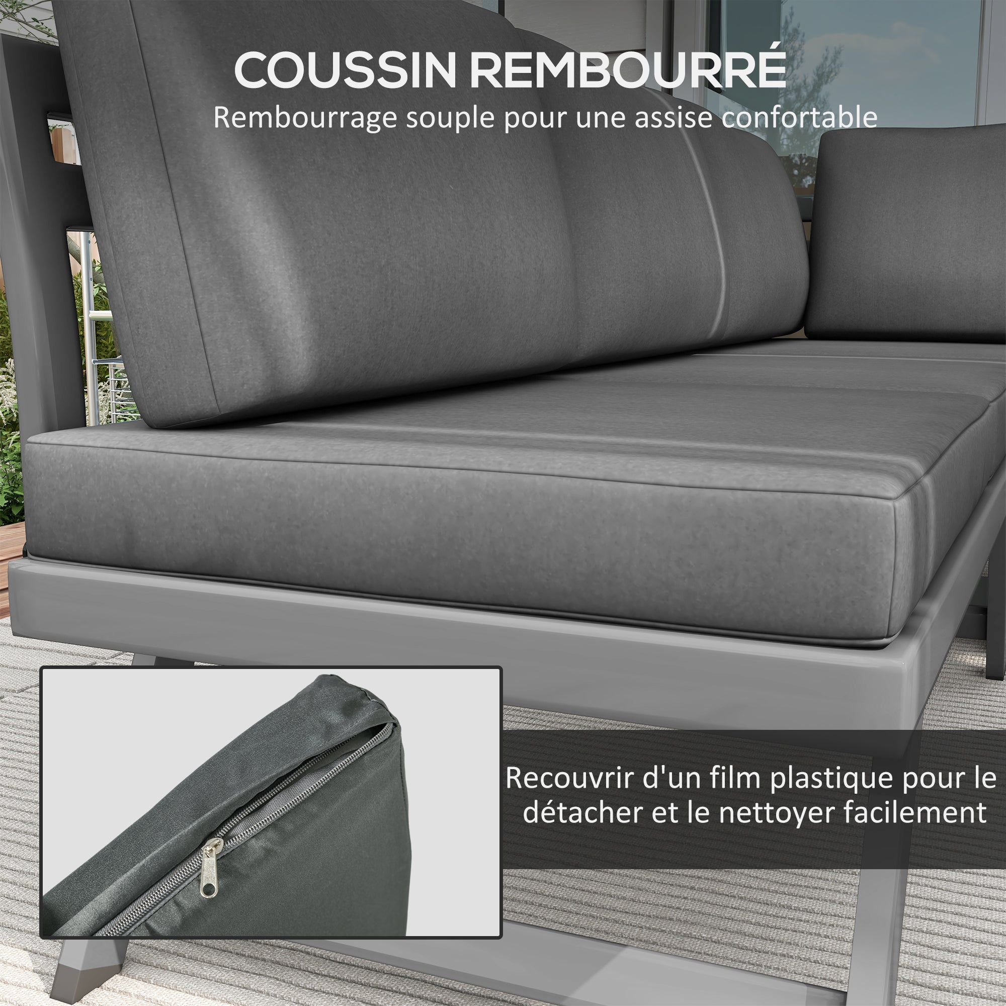 Outdoor Corner Garden Set, Convertible 4 Pieces with 2 Benches, 1 Corner Armchair, 1 Coffee Table, Aluminum and Steel Garden Furniture for Balcony Terrace, Gray