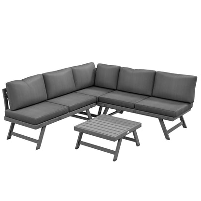 Outdoor Corner Garden Set, Convertible 4 Pieces with 2 Benches, 1 Corner Armchair, 1 Coffee Table, Aluminum and Steel Garden Furniture for Balcony Terrace, Gray
