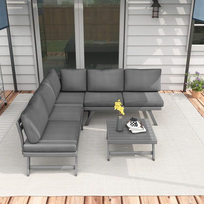 Outdoor Corner Garden Set, Convertible 4 Pieces with 2 Benches, 1 Corner Armchair, 1 Coffee Table, Aluminum and Steel Garden Furniture for Balcony Terrace, Gray