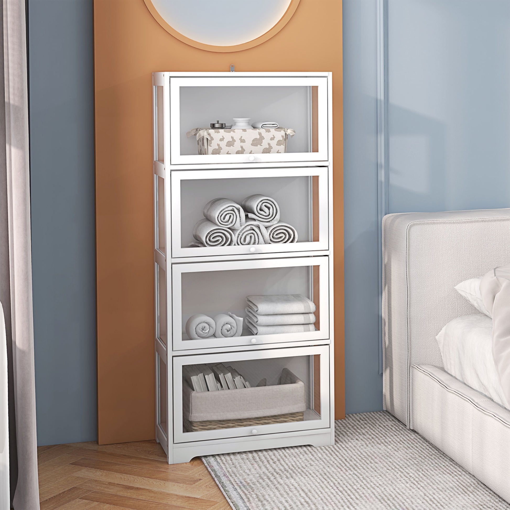 4-Level Collector's Display Cabinet with Folding Acrylic Doors Anti-Tip Showcase for Study Bedroom Office 59x30x139 cm White
