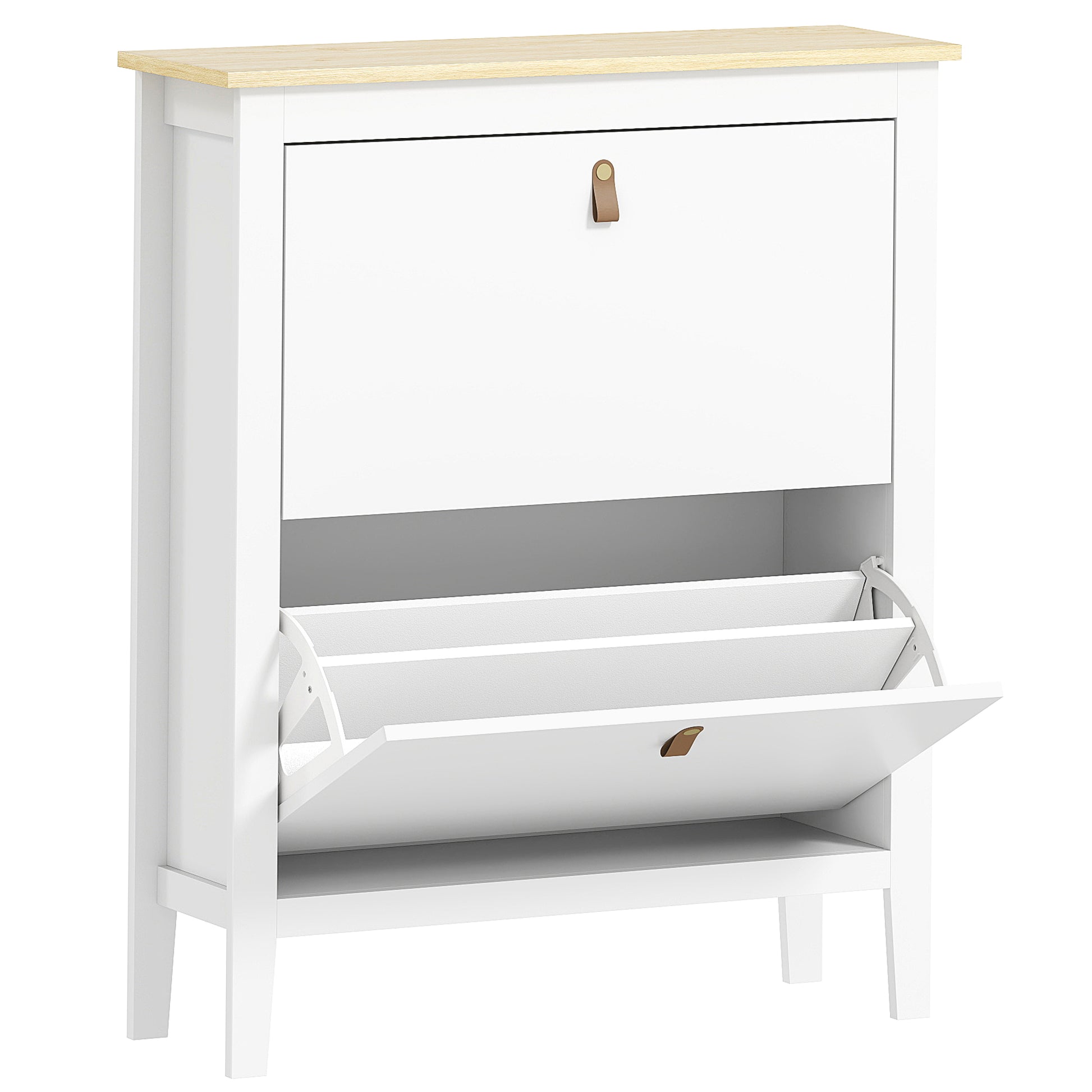 Narrow Shoe Cabinet Entryway Shoe Rack with 2 Folding Drawers Adjustable Shelves and PU Handles for 14 Pairs of Shoes for Hallway 80x24x95.5 cm White