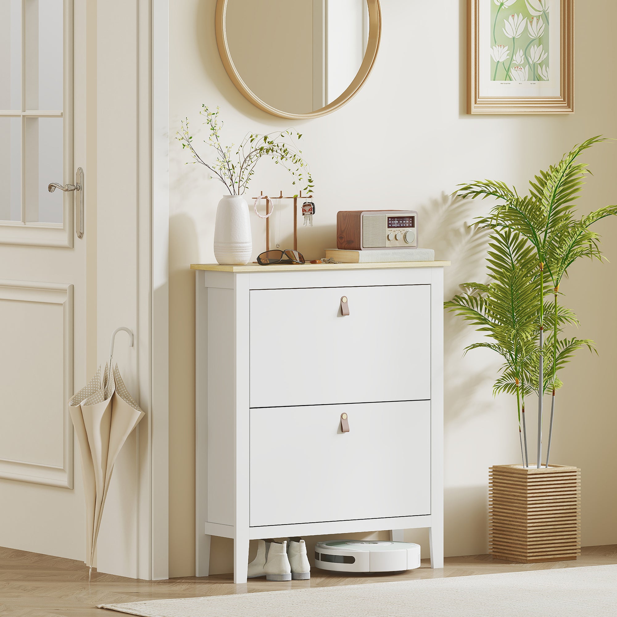 Narrow Shoe Cabinet Entryway Shoe Rack with 2 Folding Drawers Adjustable Shelves and PU Handles for 14 Pairs of Shoes for Hallway 80x24x95.5 cm White