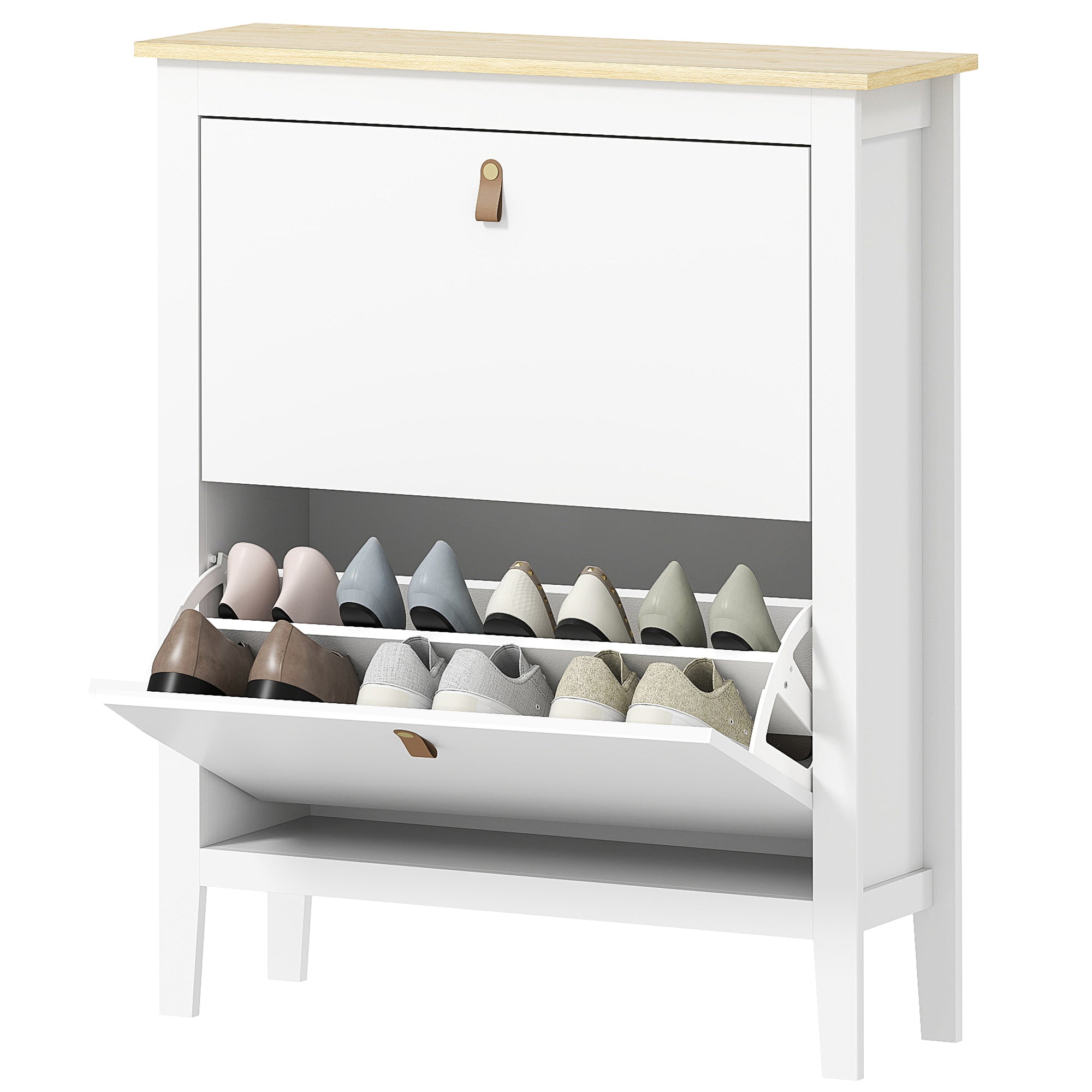 Narrow Shoe Cabinet Entryway Shoe Rack with 2 Folding Drawers Adjustable Shelves and PU Handles for 14 Pairs of Shoes for Hallway 80x24x95.5 cm White