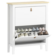 Narrow Shoe Cabinet Entryway Shoe Rack with 2 Folding Drawers Adjustable Shelves and PU Handles for 14 Pairs of Shoes for Hallway 80x24x95.5 cm White