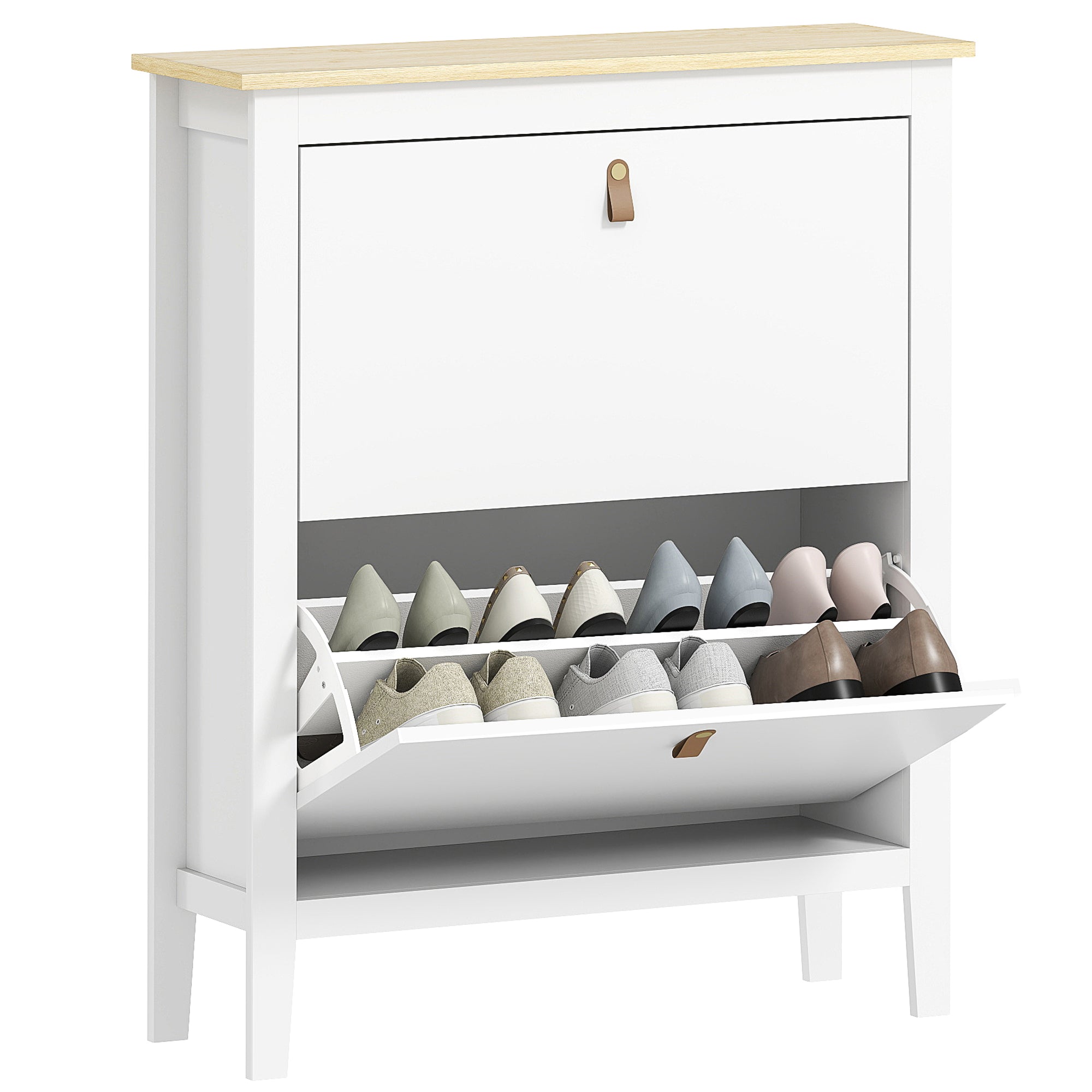 Narrow Shoe Cabinet Entryway Shoe Rack with 2 Folding Drawers Adjustable Shelves and PU Handles for 14 Pairs of Shoes for Hallway 80x24x95.5 cm White