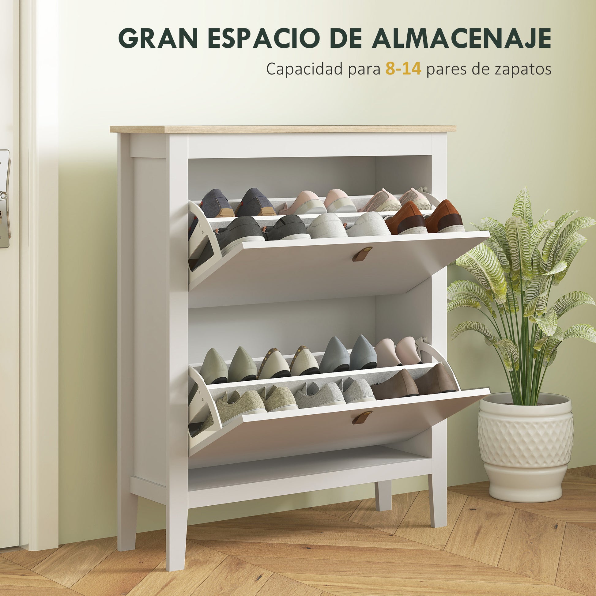 Narrow Shoe Cabinet Entryway Shoe Rack with 2 Folding Drawers Adjustable Shelves and PU Handles for 14 Pairs of Shoes for Hallway 80x24x95.5 cm White
