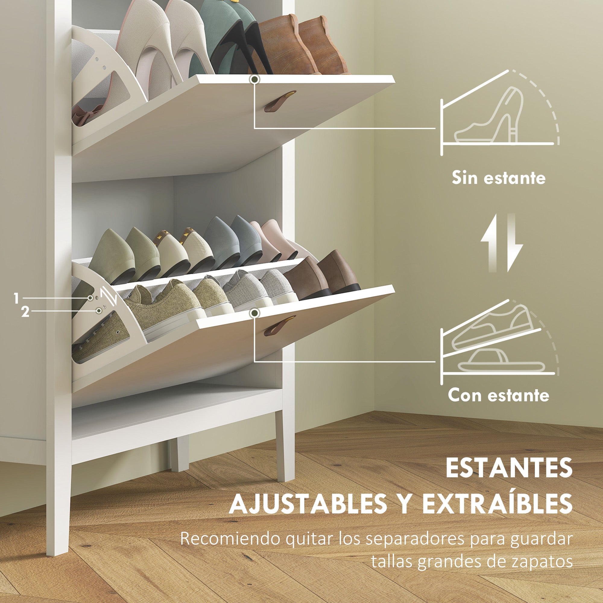 Narrow Shoe Cabinet Entryway Shoe Rack with 2 Folding Drawers Adjustable Shelves and PU Handles for 14 Pairs of Shoes for Hallway 80x24x95.5 cm White