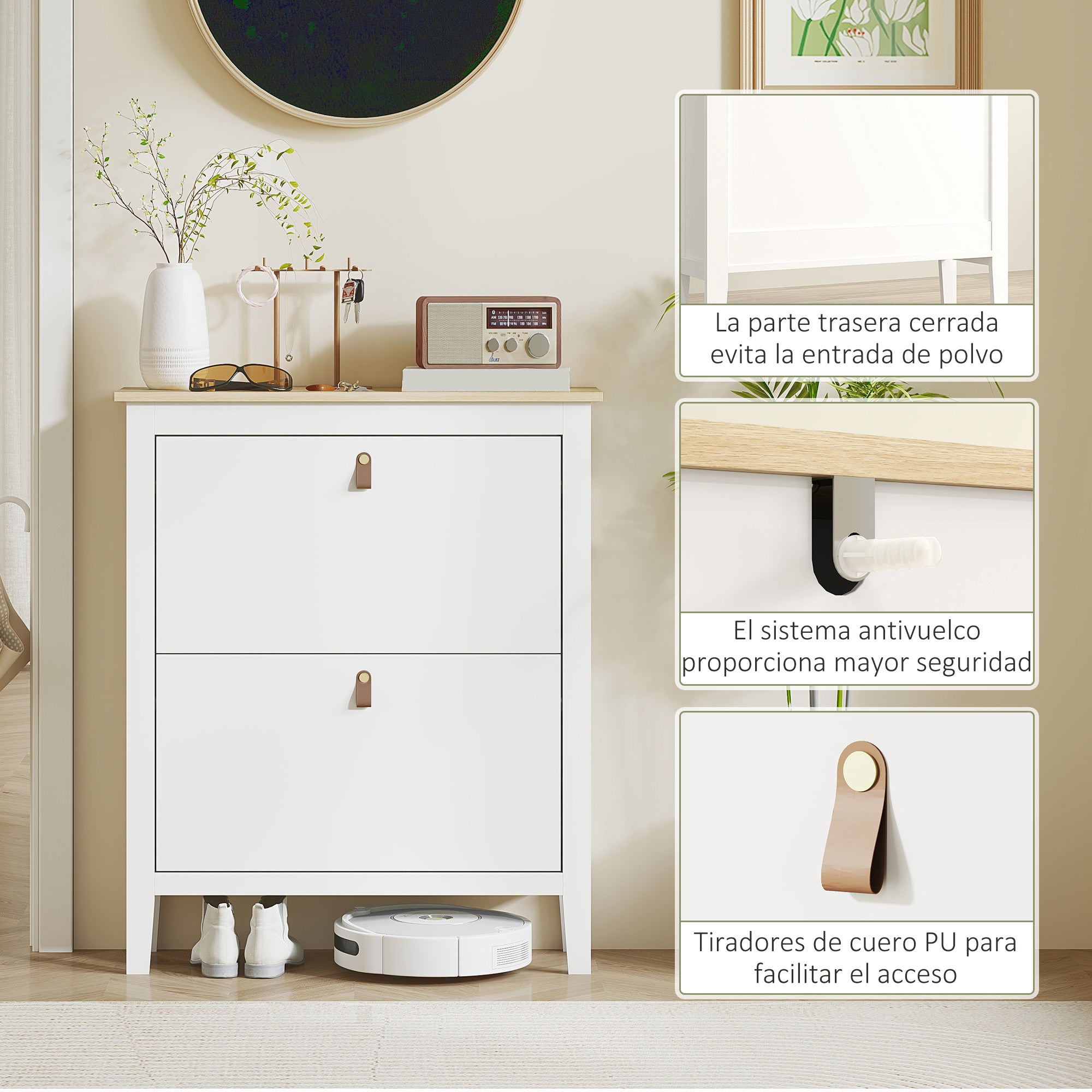 Narrow Shoe Cabinet Entryway Shoe Rack with 2 Folding Drawers Adjustable Shelves and PU Handles for 14 Pairs of Shoes for Hallway 80x24x95.5 cm White