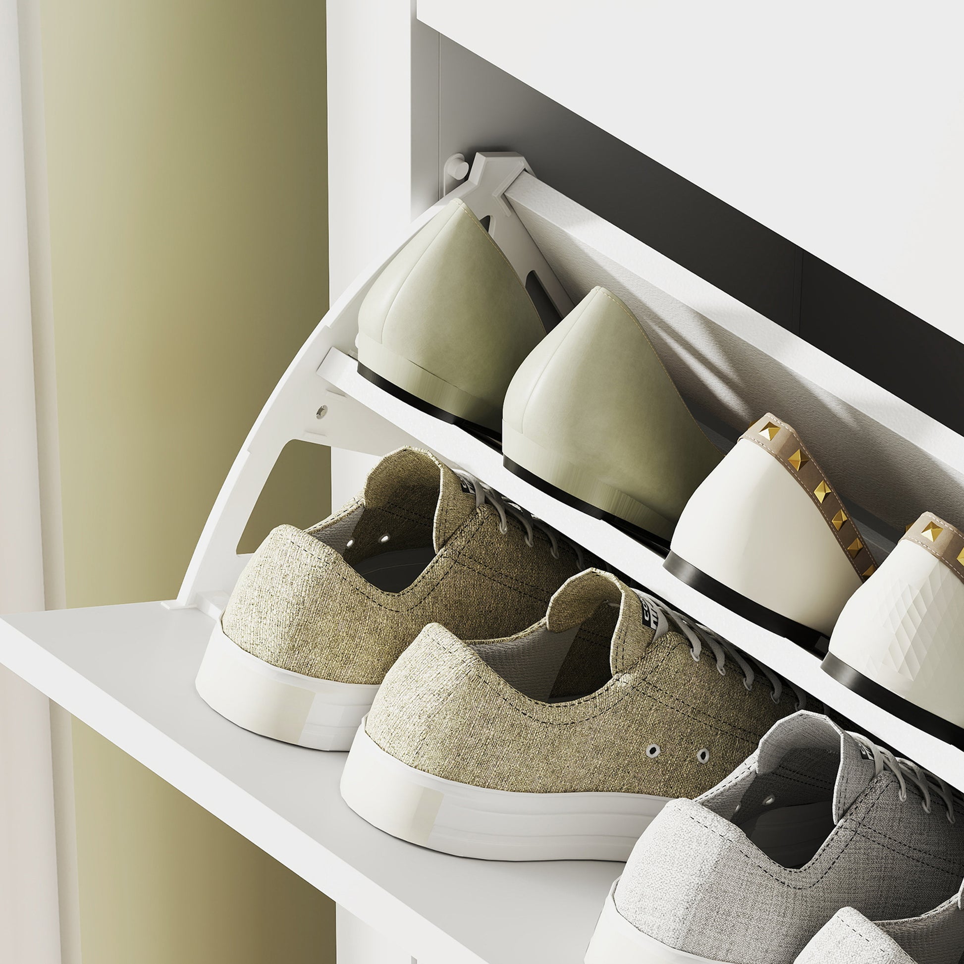 Narrow Shoe Cabinet Entryway Shoe Rack with 2 Folding Drawers Adjustable Shelves and PU Handles for 14 Pairs of Shoes for Hallway 80x24x95.5 cm White