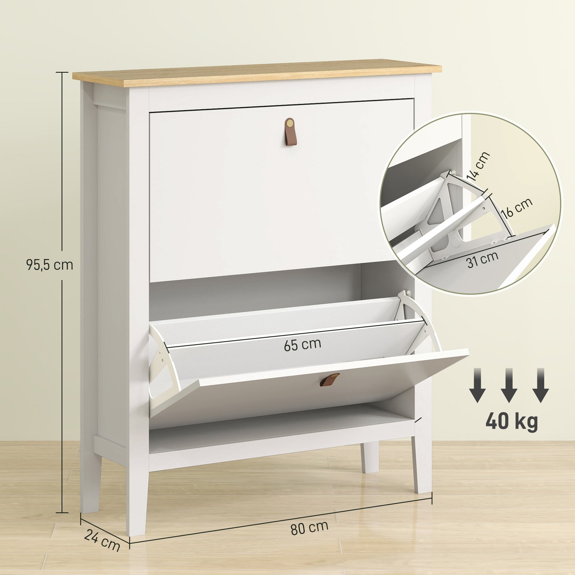Narrow Shoe Cabinet Entryway Shoe Rack with 2 Folding Drawers Adjustable Shelves and PU Handles for 14 Pairs of Shoes for Hallway 80x24x95.5 cm White
