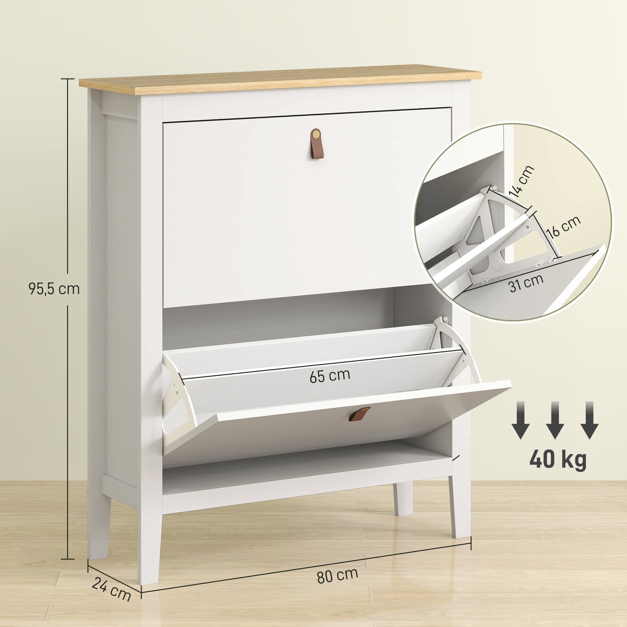 Narrow Shoe Cabinet Entryway Shoe Rack with 2 Folding Drawers Adjustable Shelves and PU Handles for 14 Pairs of Shoes for Hallway 80x24x95.5 cm White