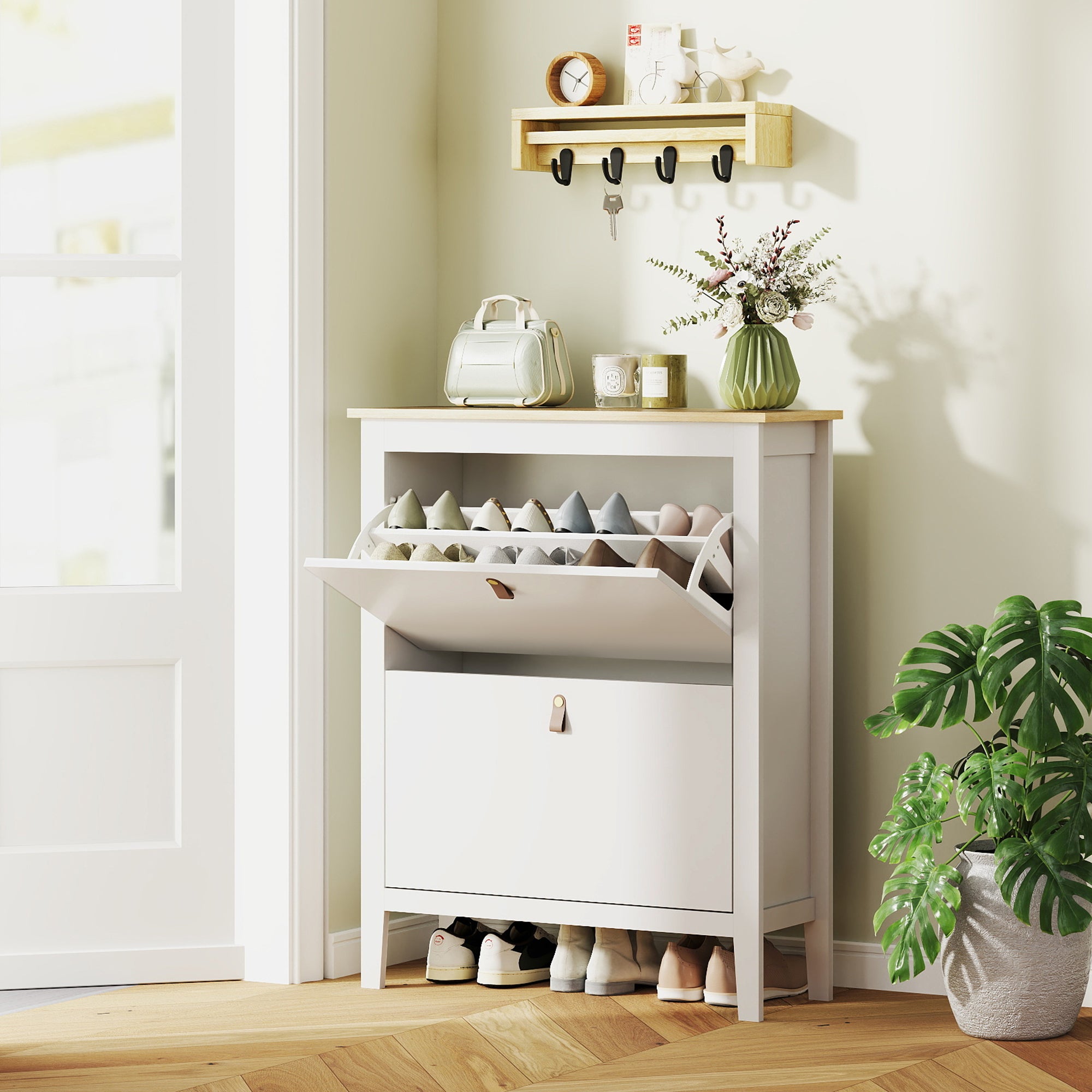 Narrow Shoe Cabinet Entryway Shoe Rack with 2 Folding Drawers Adjustable Shelves and PU Handles for 14 Pairs of Shoes for Hallway 80x24x95.5 cm White