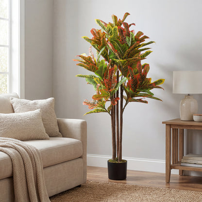 47.2 in (120 cm) Artificial Croton Plant with Real Wood Trunk and Pot — Multicolor Indoor Decorative Plant for Home, Office, Living Room