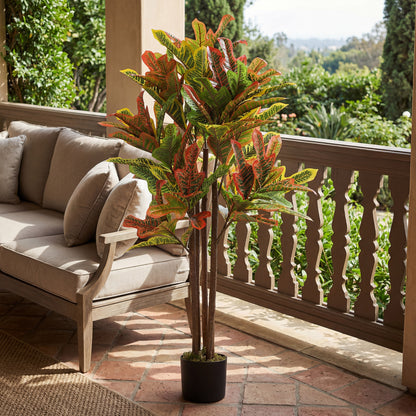 47.2 in (120 cm) Artificial Croton Plant with Real Wood Trunk and Pot — Multicolor Indoor Decorative Plant for Home, Office, Living Room