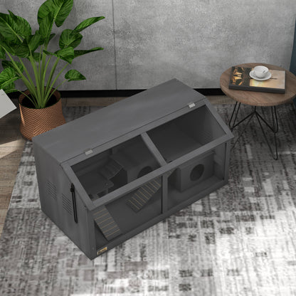 Wooden Dwarf Hamster Cage, 85 x 45 x 44 cm — Small Animal Cage with Top Door, Hanging Bridge, Ladders, House & Feeding Station — Dark Gray