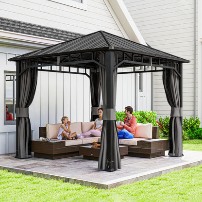 3 x 3 m Waterproof Garden Gazebo — Galvanized Metal Hardtop, Curtains & Mosquito Net, Ceiling Hook, Dark Gray