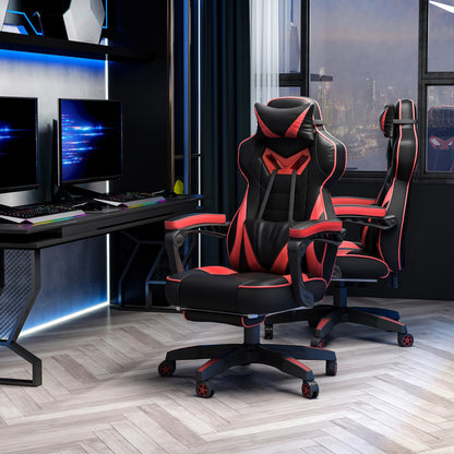Ergonomic Office Chair, Gaming Chair, Swivel Chair with Retractable Footrest and Adjustable Back Foam+PU Leather+Metal, Black+Red, 65 x 70 x 118.5-128.5 cm