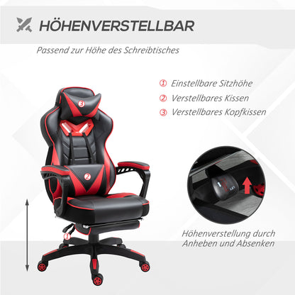 Ergonomic Office Chair, Gaming Chair, Swivel Chair with Retractable Footrest and Adjustable Back Foam+PU Leather+Metal, Black+Red, 65 x 70 x 118.5-128.5 cm