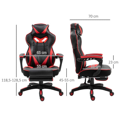 Ergonomic Office Chair, Gaming Chair, Swivel Chair with Retractable Footrest and Adjustable Back Foam+PU Leather+Metal, Black+Red, 65 x 70 x 118.5-128.5 cm