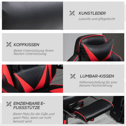 Ergonomic Office Chair, Gaming Chair, Swivel Chair with Retractable Footrest and Adjustable Back Foam+PU Leather+Metal, Black+Red, 65 x 70 x 118.5-128.5 cm