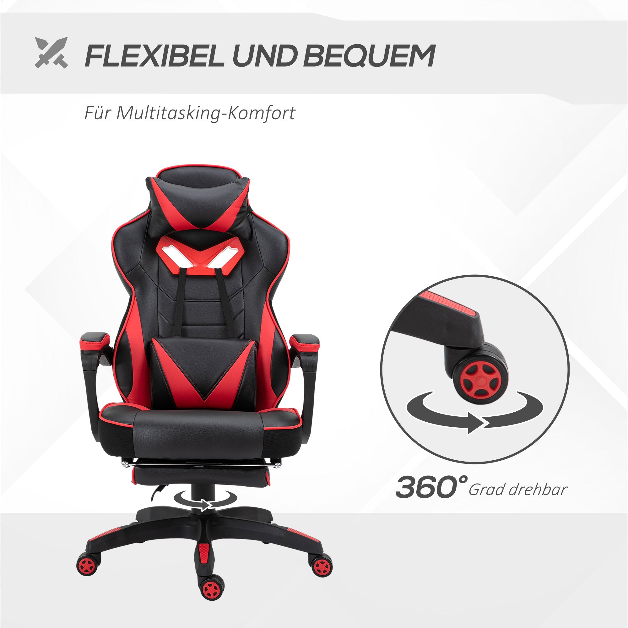 Ergonomic Office Chair, Gaming Chair, Swivel Chair with Retractable Footrest and Adjustable Back Foam+PU Leather+Metal, Black+Red, 65 x 70 x 118.5-128.5 cm