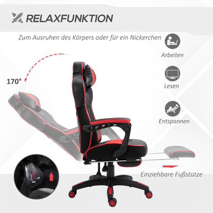 Ergonomic Office Chair, Gaming Chair, Swivel Chair with Retractable Footrest and Adjustable Back Foam+PU Leather+Metal, Black+Red, 65 x 70 x 118.5-128.5 cm