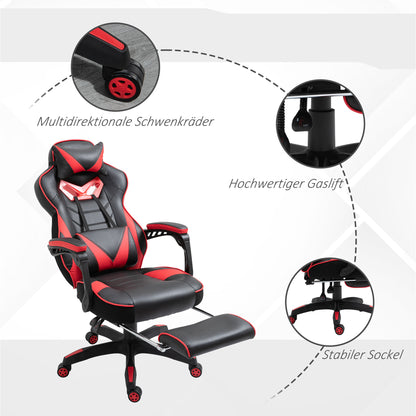 Ergonomic Office Chair, Gaming Chair, Swivel Chair with Retractable Footrest and Adjustable Back Foam+PU Leather+Metal, Black+Red, 65 x 70 x 118.5-128.5 cm