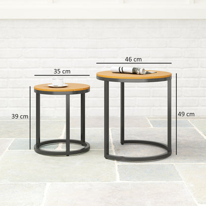 Set of 2 Garden Tables with Acacia Wood Slatted Top Nested Garden Side Tables with Steel Frame and Adjustable Feet for Balcony Terrace Patio Teak and Black