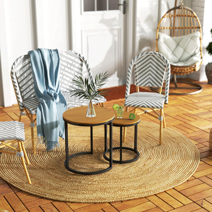 Set of 2 Garden Tables with Acacia Wood Slatted Top Nested Garden Side Tables with Steel Frame and Adjustable Feet for Balcony Terrace Patio Teak and Black