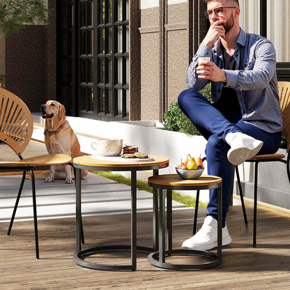 Set of 2 Garden Tables with Acacia Wood Slatted Top Nested Garden Side Tables with Steel Frame and Adjustable Feet for Balcony Terrace Patio Teak and Black