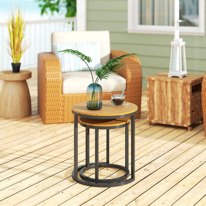 Set of 2 Garden Tables with Acacia Wood Slatted Top Nested Garden Side Tables with Steel Frame and Adjustable Feet for Balcony Terrace Patio Teak and Black