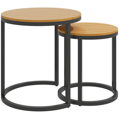 Set of 2 Garden Tables with Acacia Wood Slatted Top Nested Garden Side Tables with Steel Frame and Adjustable Feet for Balcony Terrace Patio Teak and Black