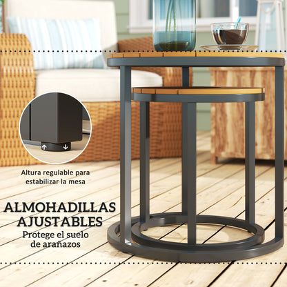Set of 2 Garden Tables with Acacia Wood Slatted Top Nested Garden Side Tables with Steel Frame and Adjustable Feet for Balcony Terrace Patio Teak and Black