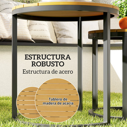 Set of 2 Garden Tables with Acacia Wood Slatted Top Nested Garden Side Tables with Steel Frame and Adjustable Feet for Balcony Terrace Patio Teak and Black