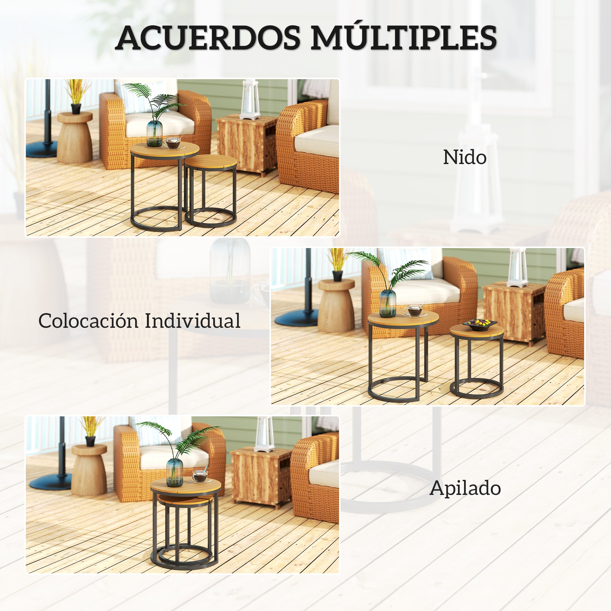Set of 2 Garden Tables with Acacia Wood Slatted Top Nested Garden Side Tables with Steel Frame and Adjustable Feet for Balcony Terrace Patio Teak and Black