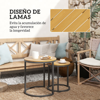 Set of 2 Garden Tables with Acacia Wood Slatted Top Nested Garden Side Tables with Steel Frame and Adjustable Feet for Balcony Terrace Patio Teak and Black