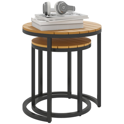 Set of 2 Garden Tables with Acacia Wood Slatted Top Nested Garden Side Tables with Steel Frame and Adjustable Feet for Balcony Terrace Patio Teak and Black