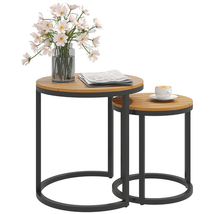 Set of 2 Garden Tables with Acacia Wood Slatted Top Nested Garden Side Tables with Steel Frame and Adjustable Feet for Balcony Terrace Patio Teak and Black