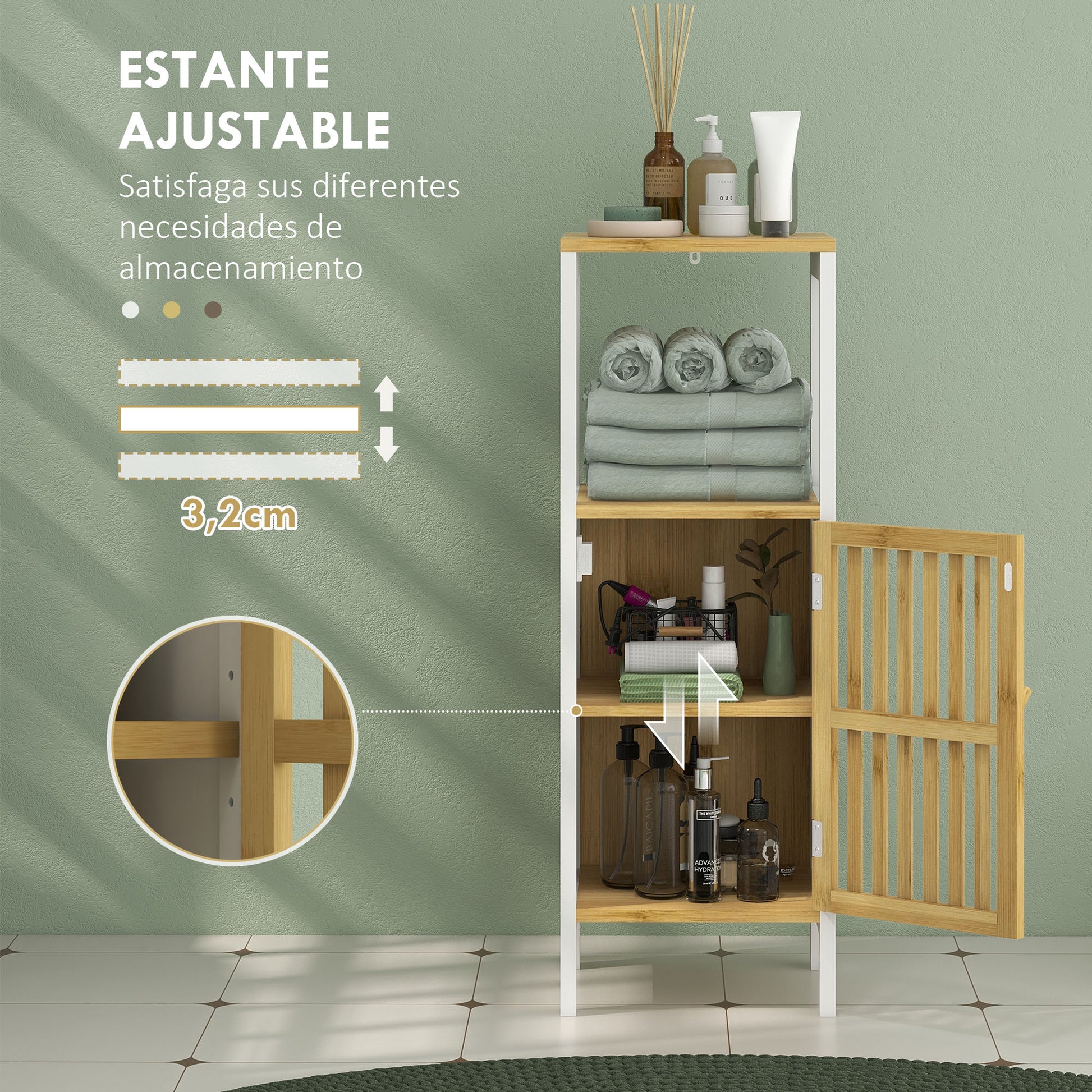 Tall Bathroom Cabinet Bathroom Column Auxiliary Bathroom Furniture with 1 Open Shelf, 1 Door, and 1 Adjustable Shelf 32x30x90.5 cm Natural and White