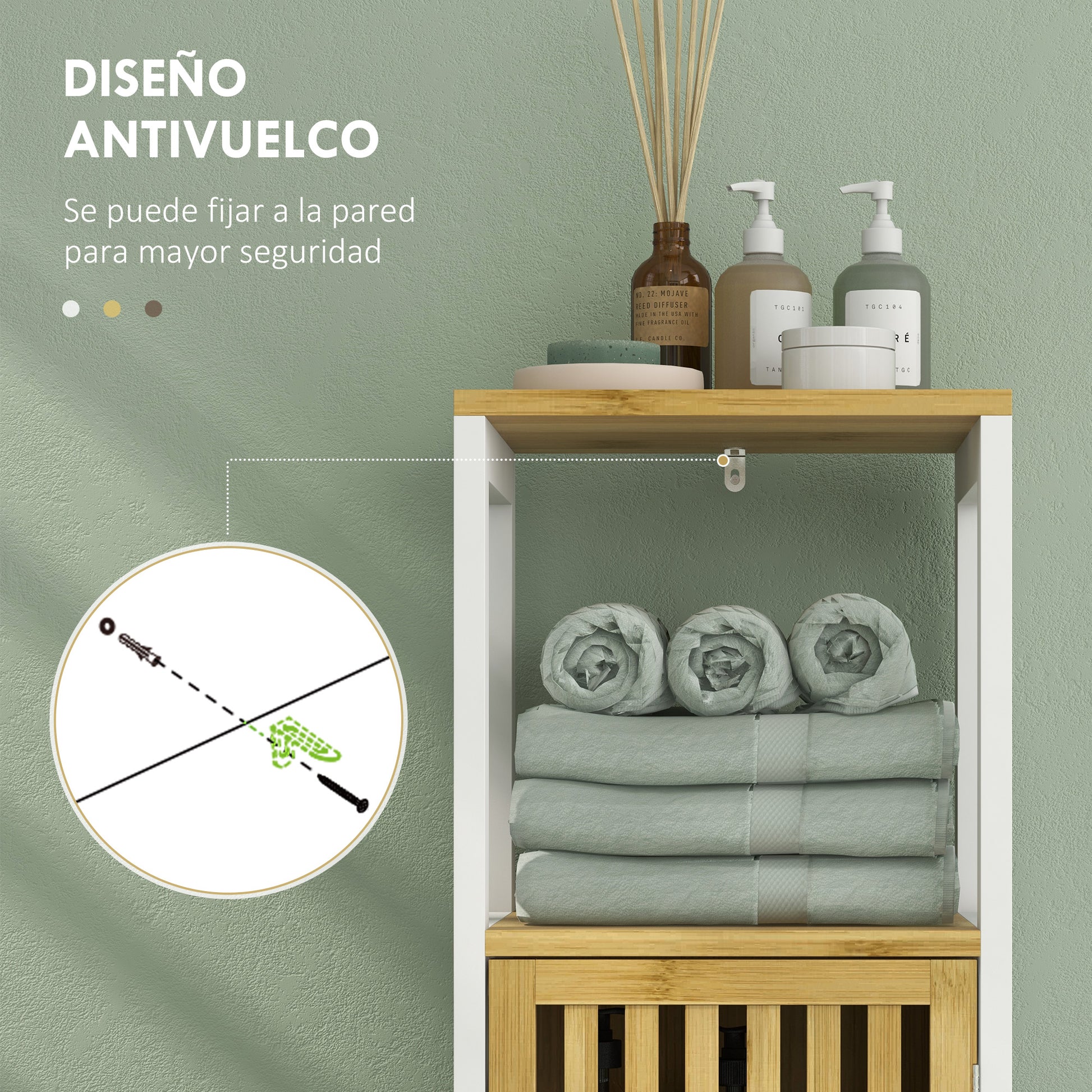 Tall Bathroom Cabinet Bathroom Column Auxiliary Bathroom Furniture with 1 Open Shelf, 1 Door, and 1 Adjustable Shelf 32x30x90.5 cm Natural and White