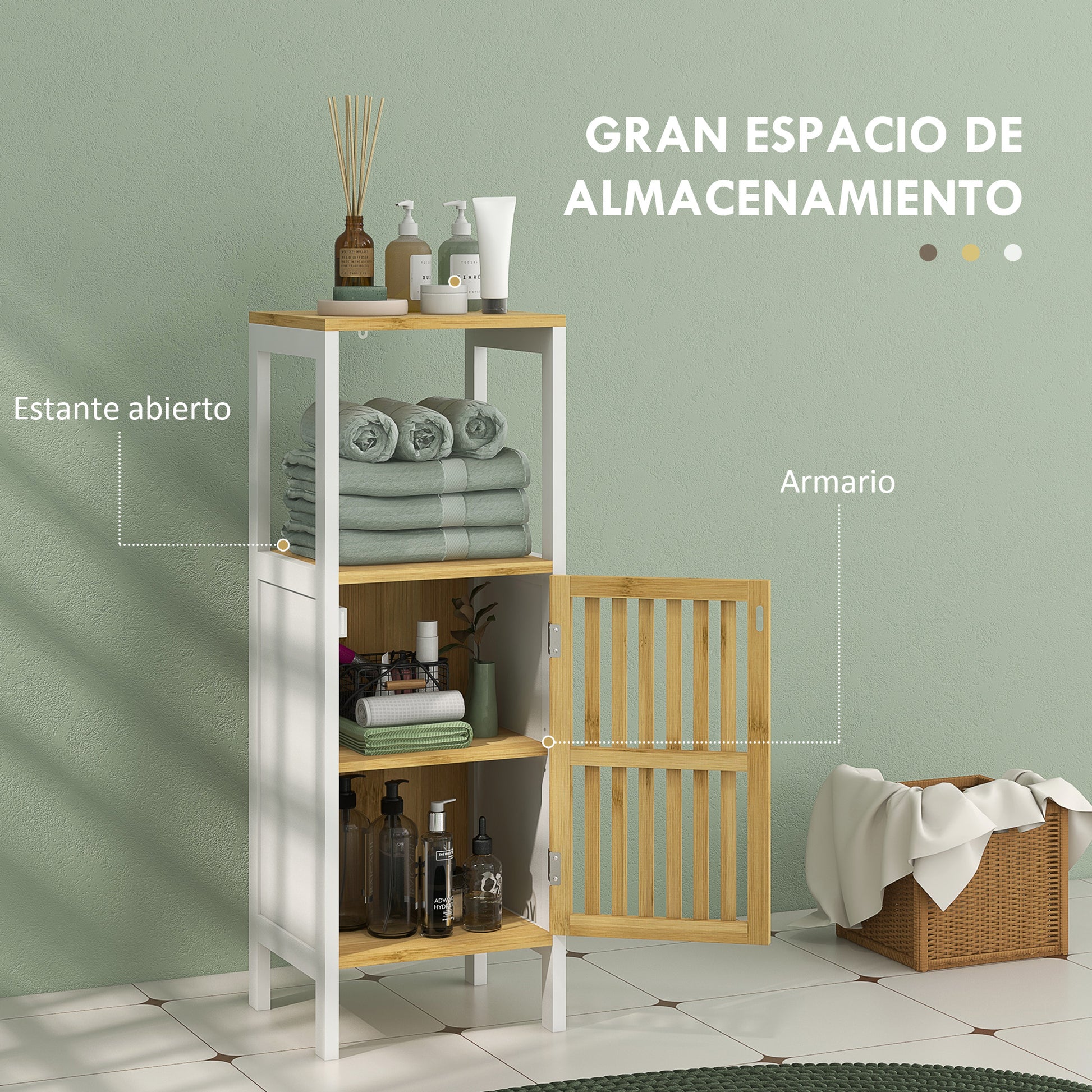 Tall Bathroom Cabinet Bathroom Column Auxiliary Bathroom Furniture with 1 Open Shelf, 1 Door, and 1 Adjustable Shelf 32x30x90.5 cm Natural and White