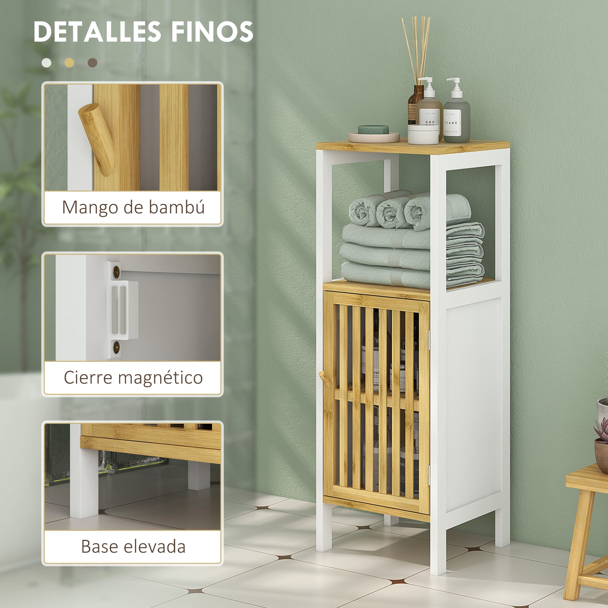 Tall Bathroom Cabinet Bathroom Column Auxiliary Bathroom Furniture with 1 Open Shelf, 1 Door, and 1 Adjustable Shelf 32x30x90.5 cm Natural and White