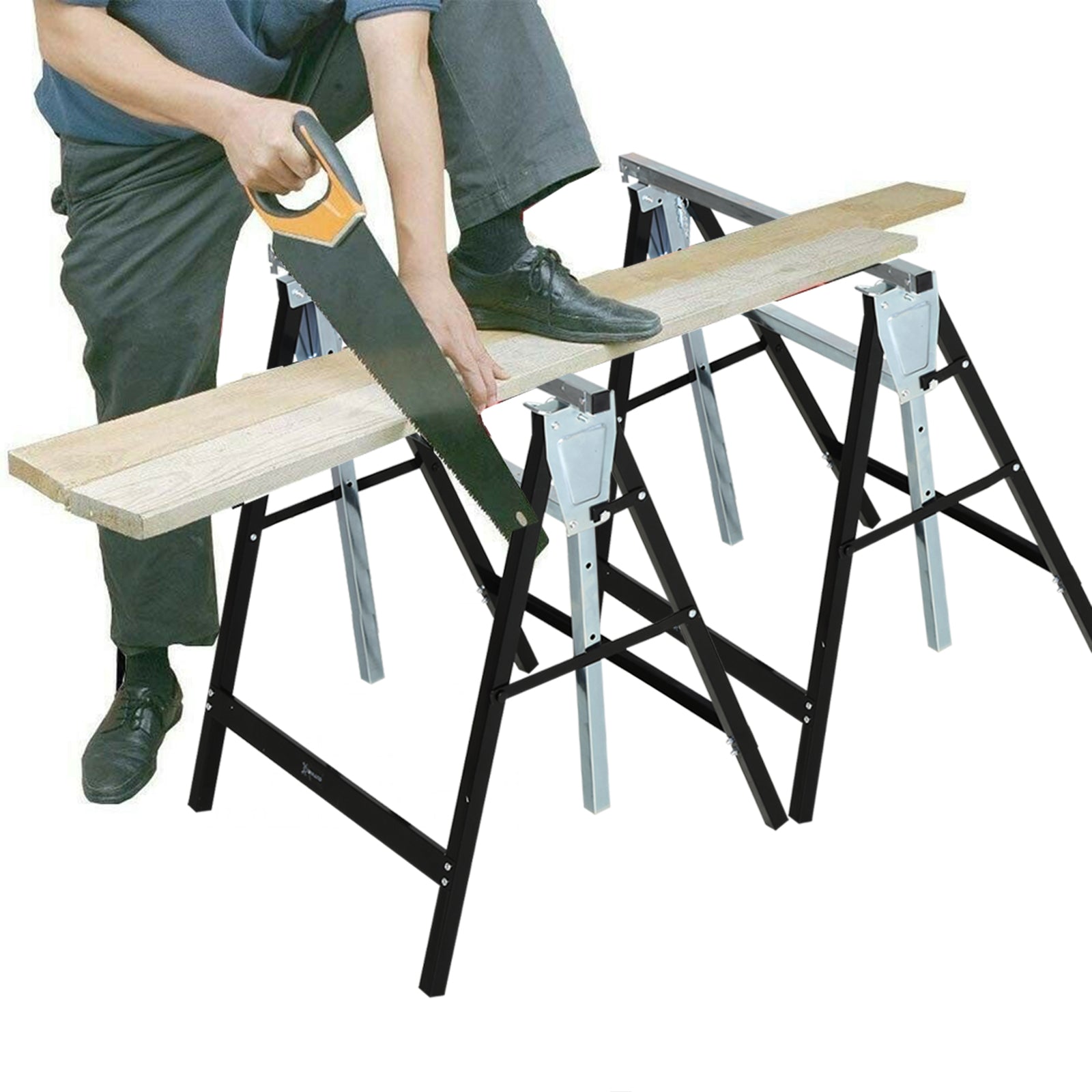 Sawhorse, Workbench, Height Adjustable, Foldable, Metal, Black, 68 x 56 x 80-130 cm, Load Capacity 200kg