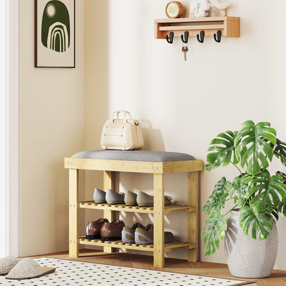 Bamboo Shoe Bench Shoe Rack with Padded Seat 2 Shelves for 6 Pairs of Shoes for Entryway Bedroom 60x29x49 cm Natural and Gray