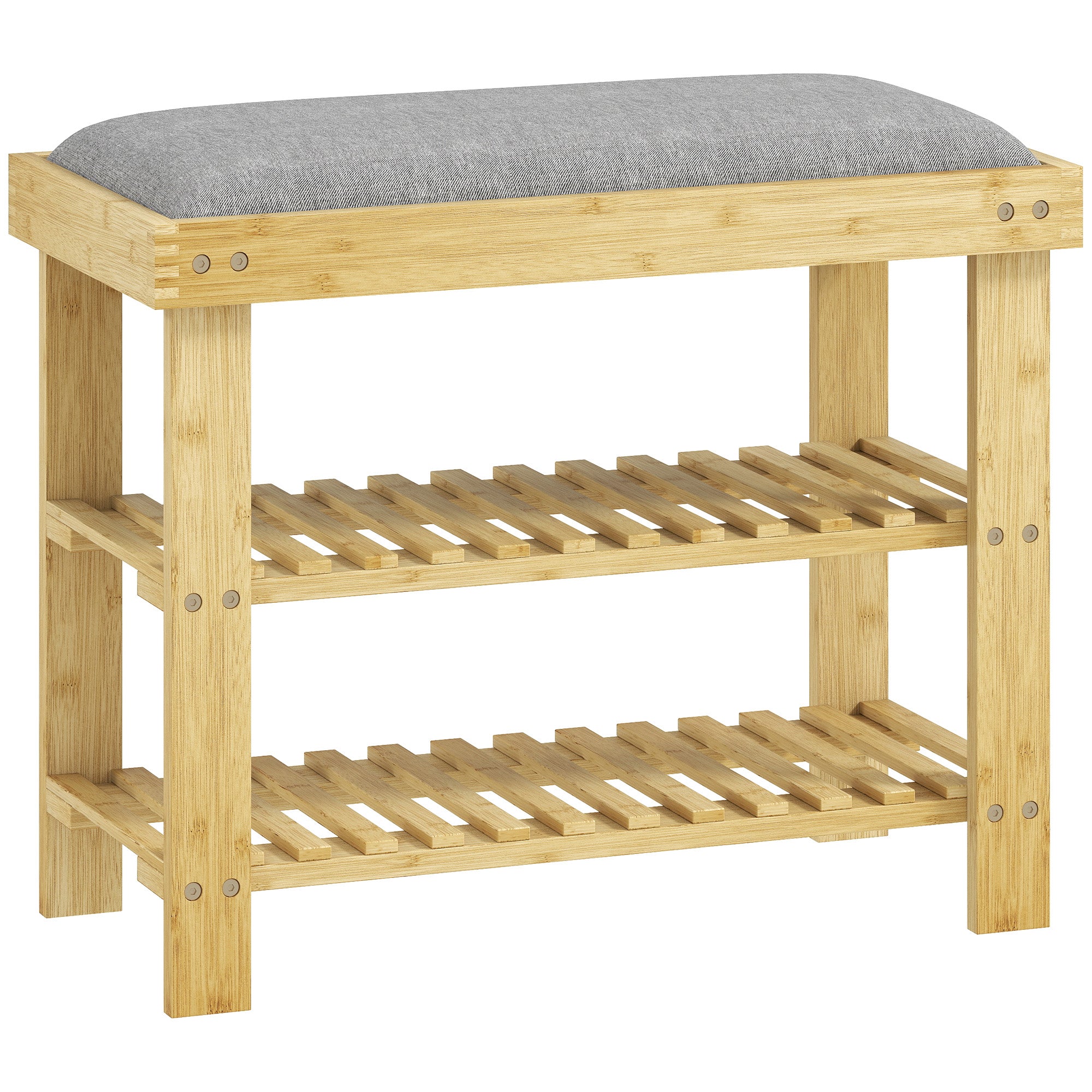 Bamboo Shoe Bench Shoe Rack with Padded Seat 2 Shelves for 6 Pairs of Shoes for Entryway Bedroom 60x29x49 cm Natural and Gray